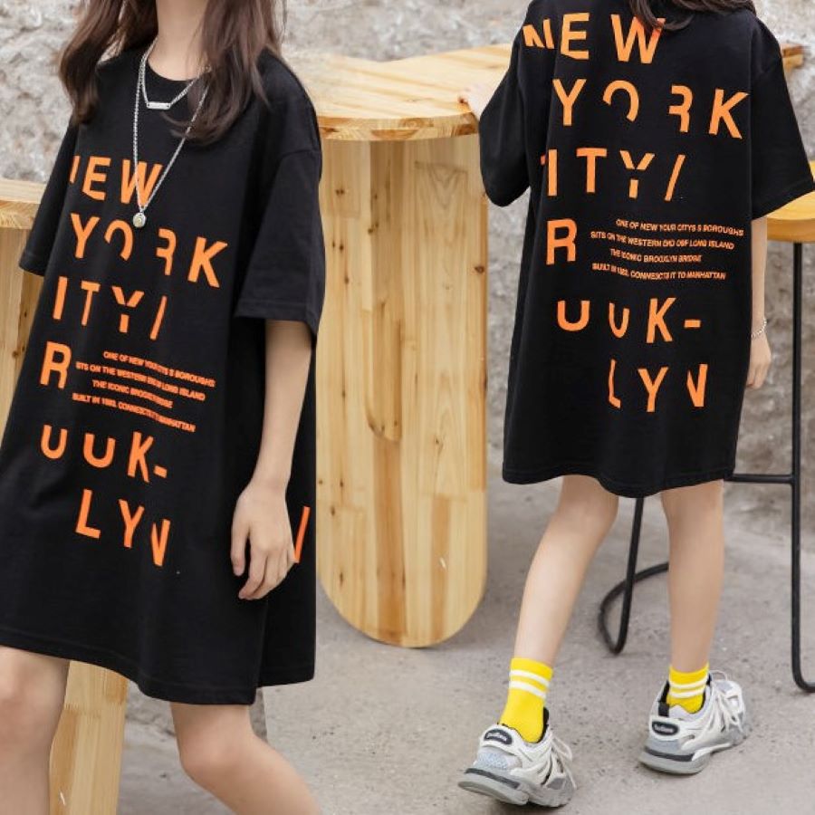 韓国子供服 ガールズ Tシャツワンピース 夏 2020 新作 ファッション ルーズロング レター 全一色 Tシャツ カジュアル 半袖 薄い 普段着 110-170cm 9667