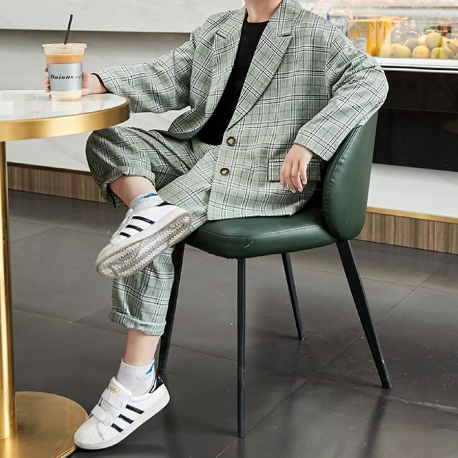 小学生 韓国子供服 スーツセットアップ 男の子 春秋 コート + 長ズボン チェック柄 上下セット スーツ フォーマル 入学式 卒業式 七五三 演出 結婚式 発...