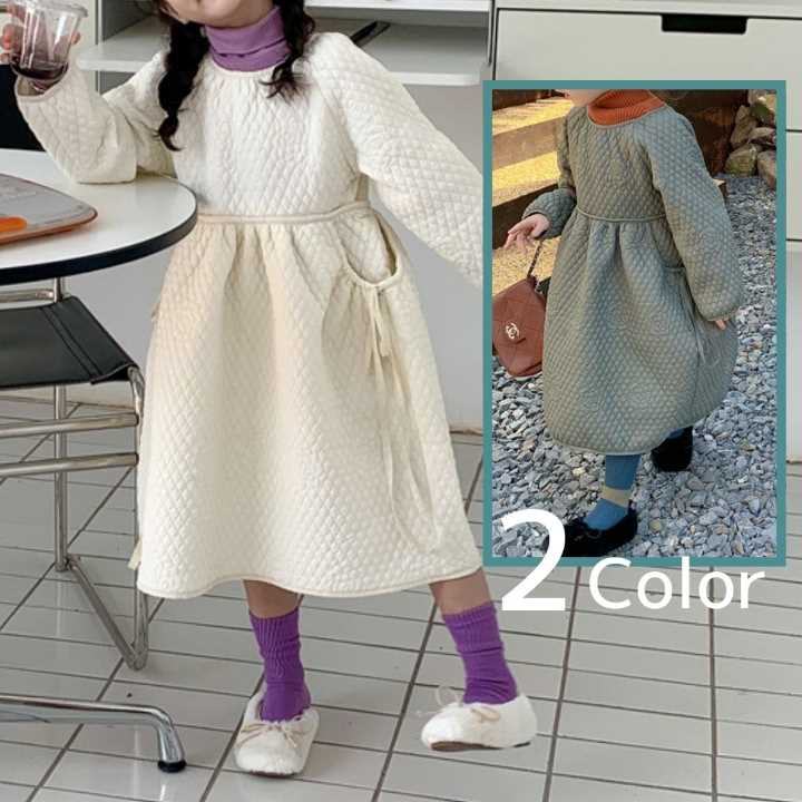 ワンピース キッズ 女の子 中綿 キルティング 長袖 ワンピース 秋冬春 韓国 おしゃれ 13562