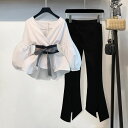 薄手ブラウス パンツ セットアップ 長袖 ストライプ スーツ 11907