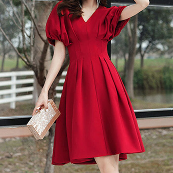 ドレス ワンピース 半袖 ミディアム丈 シンプル パーティー 11915