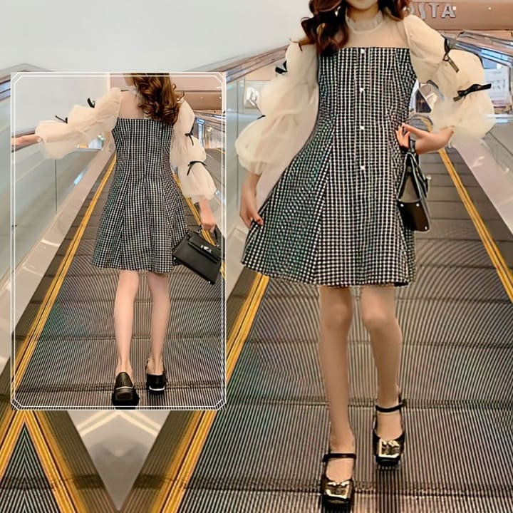 ワンピース キッズ 女の子 シフォン スリーブ チェック ワンピース フォーマル 発表会 長袖 韓国 14136