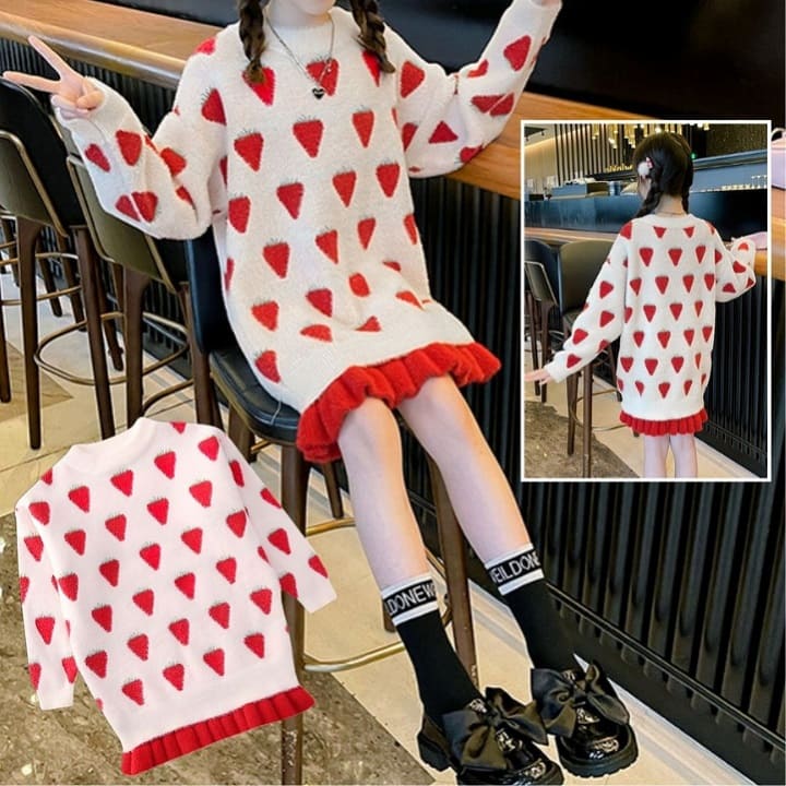 ボア チュニック ワンピース キッズ 女の子 いちごプリント 長袖 トップス ふわもこ 韓国 冬服 小学生 幼稚園 保育園 園児 おしゃれ 暖かい 防寒