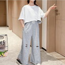 小学生 セットアップ キッズ ショート Tシャツ スウェット ダメージ ロングパンツ 子供服 おしゃれ 女の子 レジャー カジュアル 12821