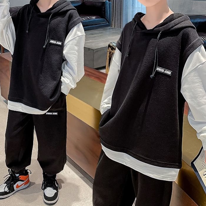 子供服 スウェット 重ね着風 トップス パンツ セットアップ キッズ 男子 上下 韓国 男の子 男児 長袖 ジュニア 2点セット 子供服 トップス 長ズボン お...