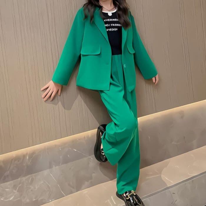 小学生 セットアップ キッズ 女の子 パンツスーツ 飾りポケット デザイン ジャケット ストレートパンツ 2点セット カジュアルスーツ 韓国 ファッション 通学...