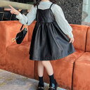 小学生 セットアップ キッズ 女の子 ワンピース スーツ 長袖 ハイネック ブラウス PU サロペットスカート 2点セット 秋春 韓国 カジュアル フォーマル ...