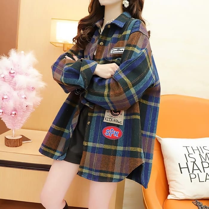 シャツ ゆったり レトロ チェック カジュアル 韓国 2色 トップス アウター 高校生 中学生 10代 20代 b13299