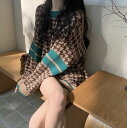 韓国 千鳥格子デザインラウンドネックセーター 中学生 高校生 長袖 秋冬春 トップス ガーリー 可愛い 通勤 通学 レジャー 旅行 10代 20代 b13182