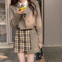 韓国 チェック バイカラー セットアップ 周りと被らない レディース 中学生 高校生 秋冬春 膝上 スカート スーツ ガーリー 通学 レジャー 旅行 10代 2...