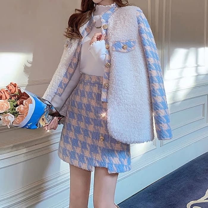 韓国 千鳥格子 コート ハイウエスト スカート セットアップ レディース 中学生 高校生 秋冬春 スカート スーツ ガーリー 通学 レジャー 旅行 10代 20...