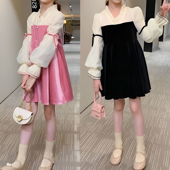 小学生 女の子 ドレス ベロア ワンピース Vネック レースカラー 長袖 キッズ ジュニア 子供服 子ども 発表会 音楽会 パーティー 15431