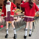 小学生 セットアップ キッズ 女の子 ニットカーディガン リボンタイ ブラウス チェック柄 プリーツスカート 3点セット 制服コーデ 韓国 ファッション カジュ...