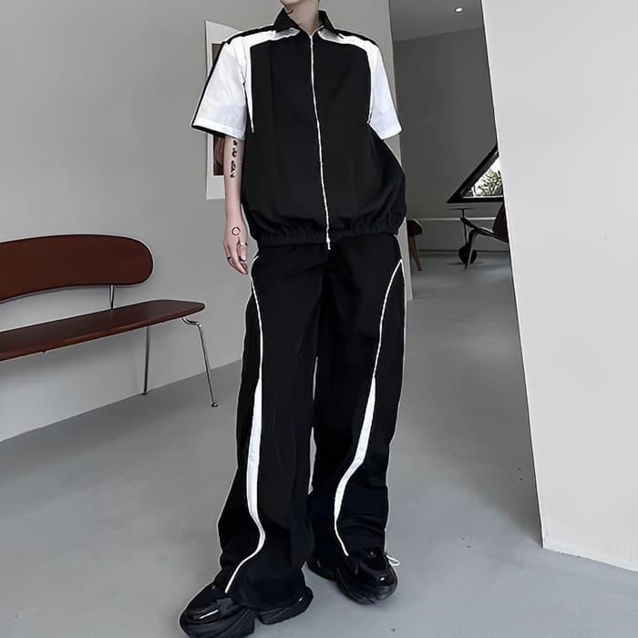 セットアップ メンズ 半袖 フルジップジャケット パンツ 2点セット 春夏 パンツスーツ 韓国 原宿 ストリート モード カジュアル 高校生 中学生 通学 10代 20代 春秋 ファッション オシャレ 16345