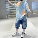 小学生 男の子 カラーグラデーション プリント Tシャツ デニム ハーフパンツ 2点セット 半袖 春夏 パンツスーツ 通学 ダンス ストリート ヒップホップ 韓...