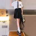 小学生 セットアップ キッズ 女の子 タイ付き ブラウス プリーツスカート 2点セット 春夏 半袖 ツーピース 通学 カジュアル ストリート ガーリー 可愛い ...