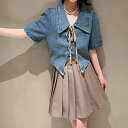 小学生 セットアップ キッズ 女の子 デニムシャツ プリーツスカート 2点セット 春夏 半袖 ツーピース 通学 カジュアル ストリート ガーリー 可愛い 韓国 ...