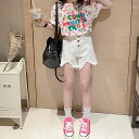 小学生 セットアップ キッズ 女の子 プリントTシャツ ショートパンツ 2点セット ダメージ加工 春夏 半袖 ツーピース 通学 カジュアル ストリート ガーリー...