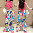 小学生 セットアップ キッズ 女の子ノースリーブシャツ プリントワイドパンツ 2点セット 春夏 ノースリーブ ツーピース 通学 カジュアル ガーリー ダンス 可...