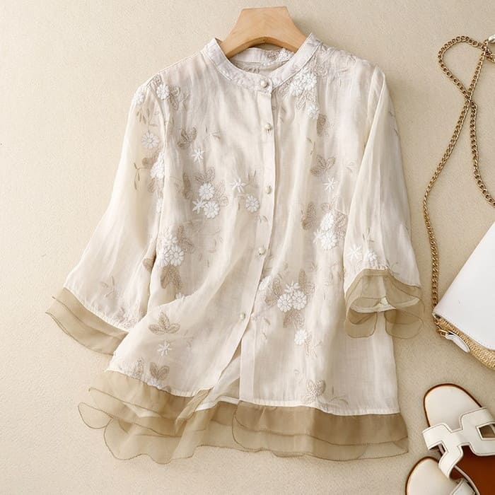 シフォン ブラウス レディース 刺繍ブラウス 重ね着風 7分袖 春夏 トップス きれいめ 上品 お呼ばれ 通勤 旅行 女子会 お出かけ 母の日 プレゼント 30代 40代 50代 60代 シニア オシャレ 16813のサムネイル