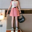 小学生 セットアップ キッズ 女の子 ロゴTシャツ クロップド丈 スカート 2点セット 不規則デザイン 春夏 半袖 ツーピース 通学 カジュアル ガーリー ダン...