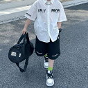 小学生 男の子 セットアップ ロゴ シャツ ハーフパンツ 2点セット 半袖 春夏 パンツスーツ 通学 スポーツ ダンス ストリート ヒップホップ 韓国 子ども ...