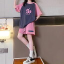 小学生 セットアップ キッズ 女の子 ロゴTシャツ ラグランスリーブ ハーフパンツ 2点セット 春夏 半袖 ツーピース 通学 カジュアル ガーリー ダンス 可愛...