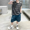 小学生 男の子 セットアップ ロゴ Tシャツ ハーフパンツ 2点セット ノースリーブ 春夏 パンツスーツ 通学 スポーツ ダンス ストリート ヒップホップ 韓国 子ども 子供服 キッズ ジュニア ファッション 16975