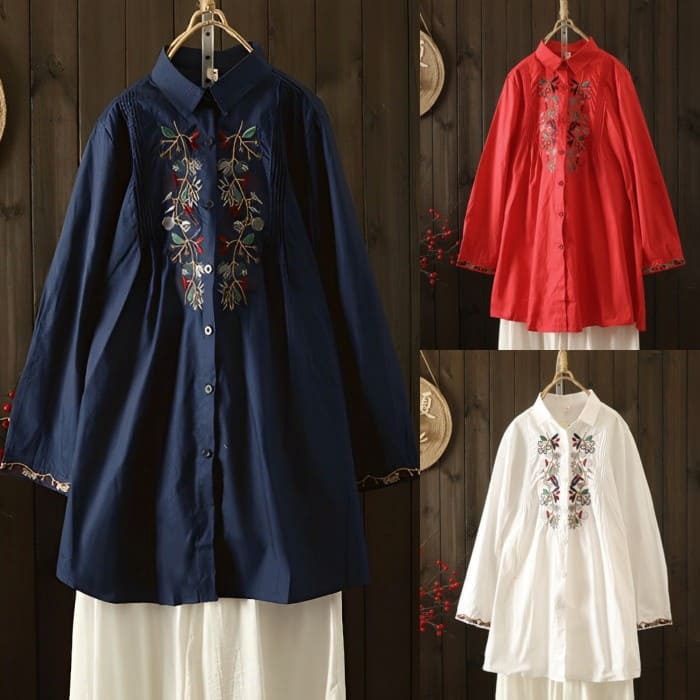ロング シャツ 刺繍 レディース 体型カバー 長袖 春夏秋 トップス チュニック きれいめ カジュアル 通勤 旅行 女子会 お出かけ 母の日 プレゼント 30代 40代 50代 60代 シニア オシャレ 17225