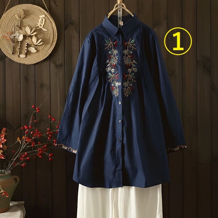 ロング シャツ 刺繍 レディース 体型カバー 長袖 春夏秋 トップス チュニック きれいめ カジュアル 通勤 旅行 女子会 お出かけ 母の日 プレゼント 30代 40代 50代 60代 シニア オシャレ 17225