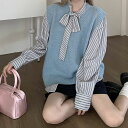 中学生 高校生 レディース ファッション 韓国 ベスト リボンタイ ブラウス 2点セット ストライプ シャツ 春秋 トップス 通学 カジュアル ガーリー 可愛い...