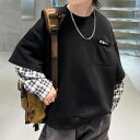 小学生 男の子 重ね着風 トレーナー ルーズ プルオーバー チェック柄切替 春秋 長袖 トップス 通学 スポーツ ダンス ストリート ヒップホップ 韓国 子ども...