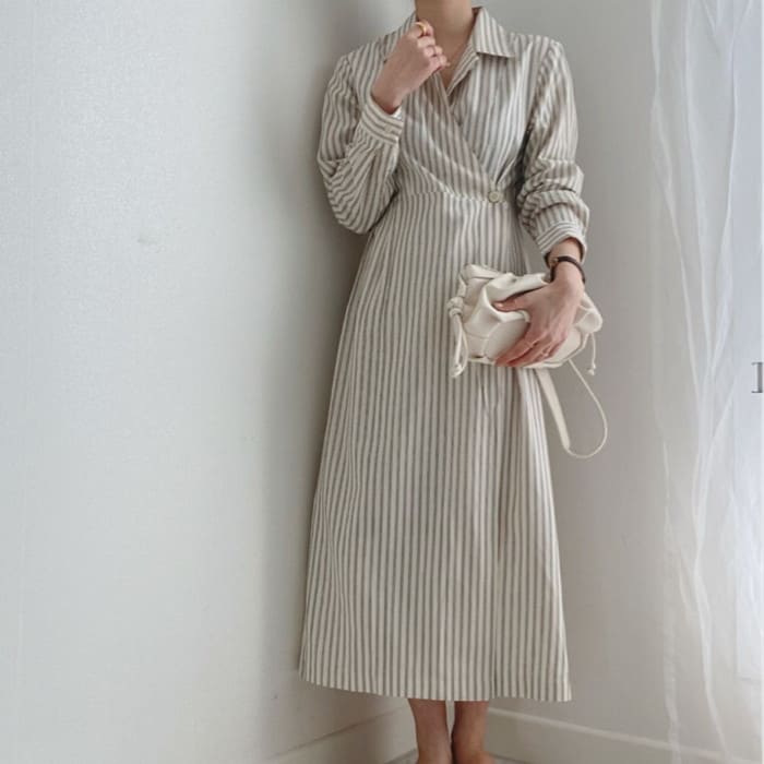 シャツワンピース レディース ストライプ タイトワンピース ロング丈 スタイルアップ 長袖 春夏秋 きれいめ カジュアル お呼ばれ 通勤 旅行 お出かけ 母の日 プレゼント 30代 40代 50代 60代 シニア オシャレ 15681