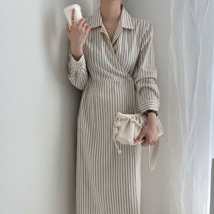 シャツワンピース レディース ストライプ タイトワンピース ロング丈 スタイルアップ 長袖 春夏秋 きれいめ カジュアル お呼ばれ 通勤 旅行 お出かけ 母の日 プレゼント 30代 40代 50代 60代 シニア オシャレ 15681