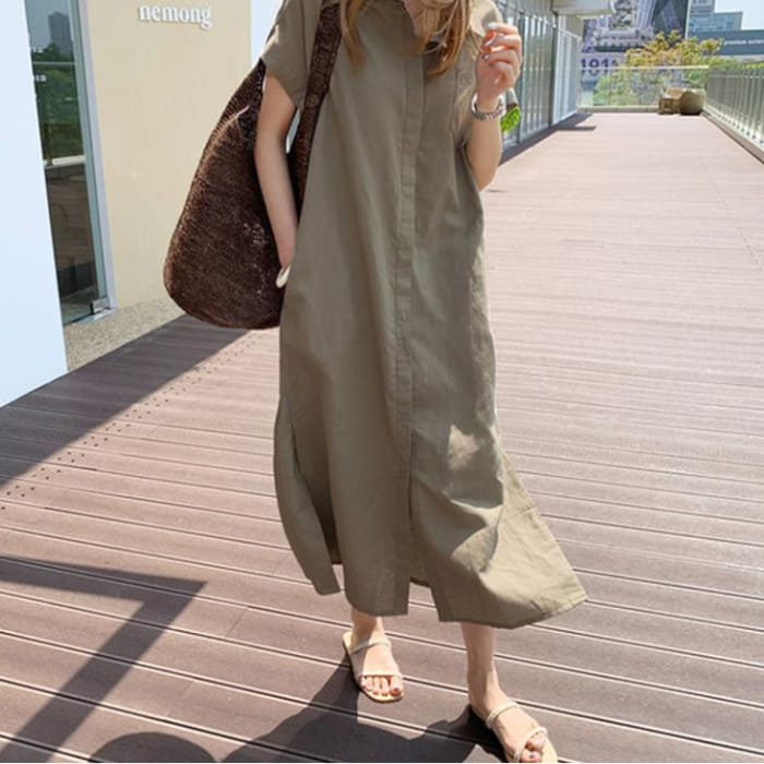 シャツワンピース ロング丈 半袖 マキシ丈 無地 シンプル 大人 カジュアル 体型カバー 夏 ワンピ ロング丈 20代30代40代50代 15332
