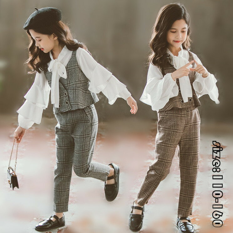 韓国子供服 3点セット 白シャツ 長ズボン ベスト チェック柄 春秋 トップス 長袖 フリル セットアップ 蝶結び 女の子 キッズ こども フォーマル 学園風 可愛い きれいめ 結婚式 卒園式/入学式/パーティ