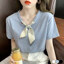 Tシャツ レディース シャツ 柔らかい 蝶結び 綿 トップス 無地 秋 春 夏 カジュアル ゆったり カットソー 半袖 ラウンドネック 着痩せ 大人 フォーマル オフィス OL お出かけ お呼ばれ 通勤 デート 学生 高校生 送料無料 3色 S-XL(4)
