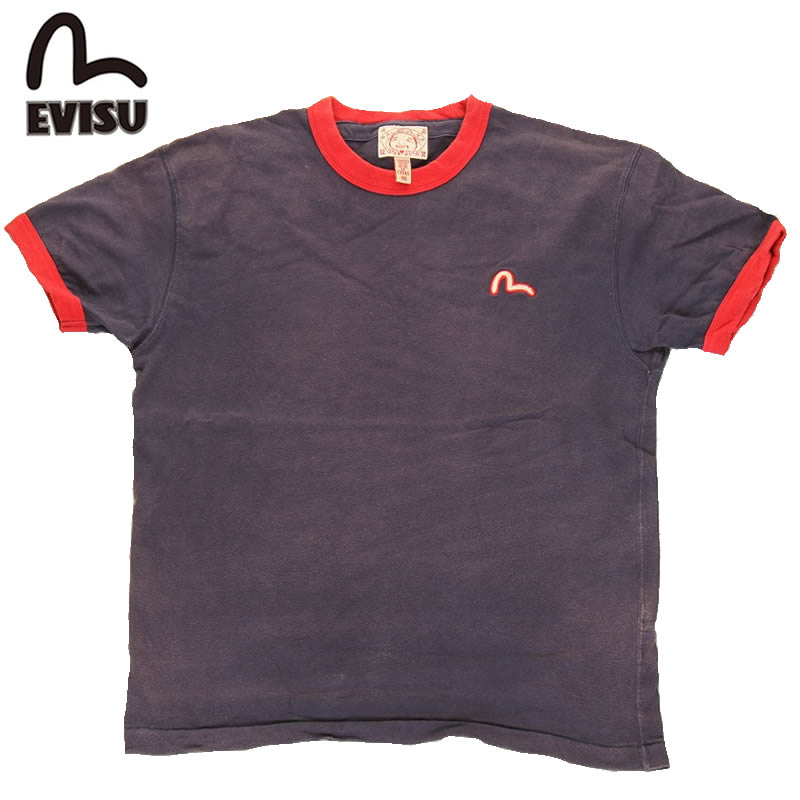 訳あり EVISU エヴィス EVISUJEANS USED T SHIRTS Tシャツ 半袖 ワンポイント 刺繍 バックプリント ネイビー 限定 古着 ユーズ...