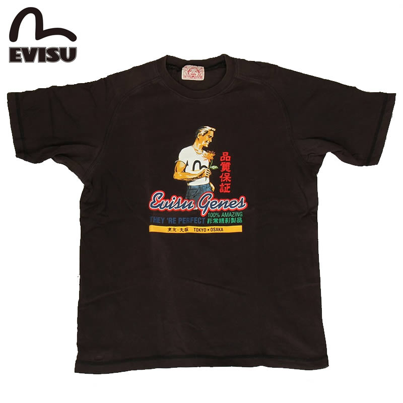 訳あり EVISU エヴィス EVISUJEANS USED T SHIRTS Tシャツ 半袖 プリント フロントプリント ブラック チャコール 限定 古着 ユ...