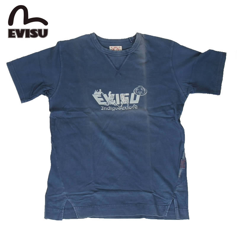 訳あり EVISU エヴィス EVISUJEANS USED T SHIRTS Tシャツ 半袖 プリント フロントプリント ブルー ホワイト 限定 古着 ユーズ...