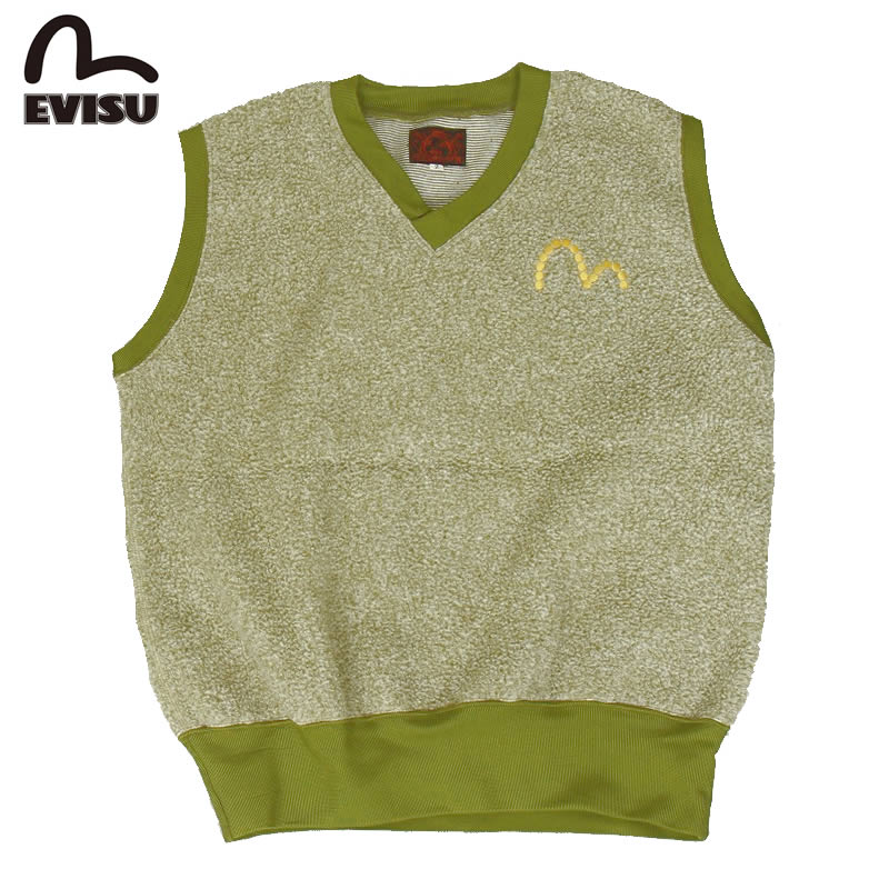 訳あり EVISU エヴィス EVISUJEANS USED ベスト ワンポイント カモメマーク グリーン 刺繍 メンズ シンプル 限定 古着 ユーズド