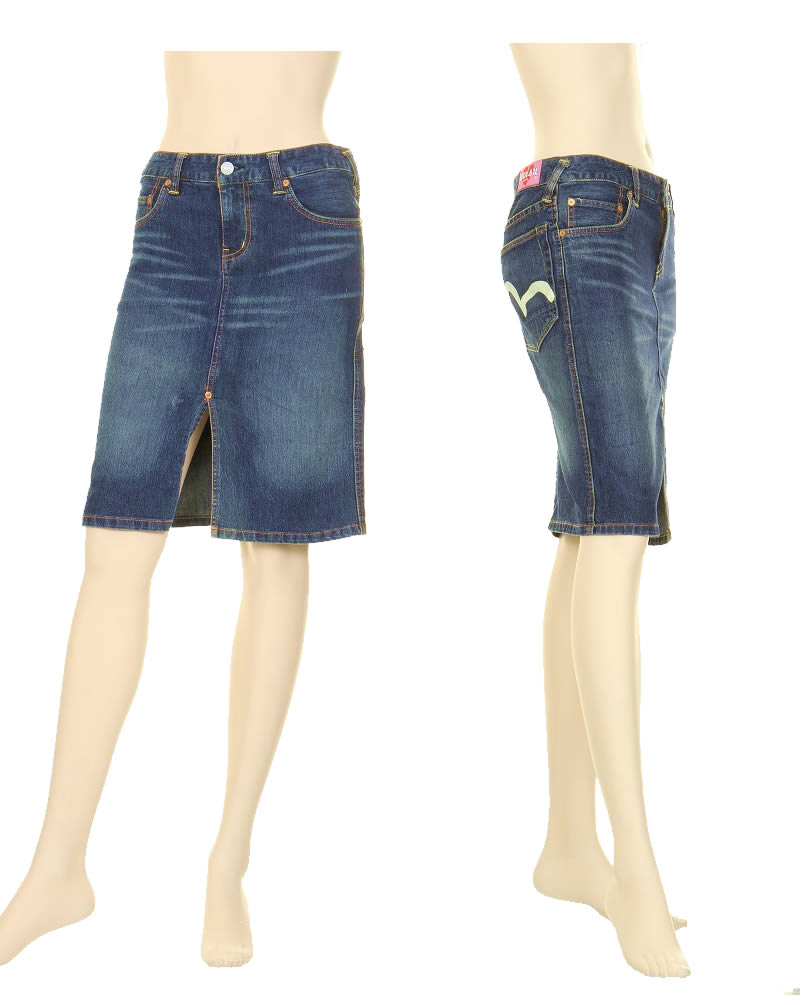 訳あり EVISU エヴィス EVISUJEANS EVISUDONNA USED デニムスカート ジーンズ デニム レディース ひざ丈 カモメマーク 限定 古着 ユーズド