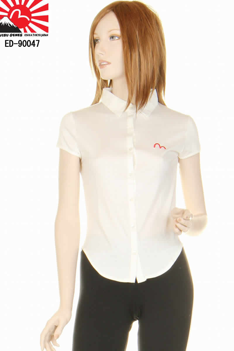 EVISU DONNA エヴィス ドンナ ED-90047 ワンポイントマークシャツ レッドステッチ ホワイト カモメマーク LADY 039 S SHIRTS【エヴィスジーンズ エビス レディース 半袖 レディースシャツブラウス クールビズ カモメマーク かわいい かっこいい 新品】