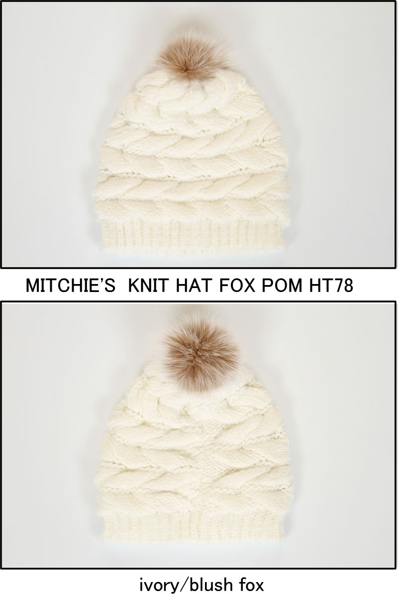 MITCHIE'S MATCHINGS ミッチーズ マッチングス KNIT HAT FOX POM HT78 ニット ハット フォックス ポンポン カフ 帽子 レディース 新品 ファー きつね 毛皮 カナダ NY ★;【ニューヨーク 防寒 スキー スノボ フェミニン ブラック アイボリー ホワイト グレー CANADA】