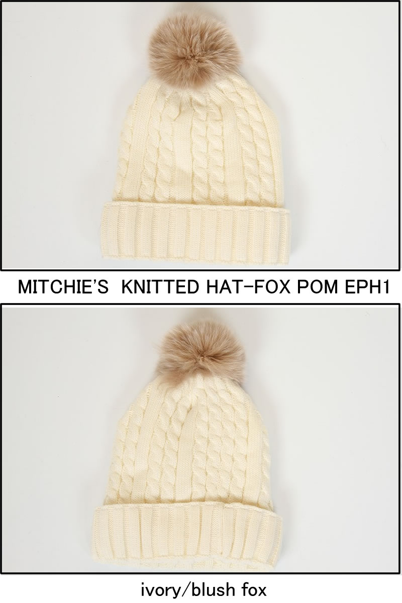 MITCHIE'S MATCHINGS ミッチーズ マッチングス KNIT HAT FOX POM EPH1 ニット ハット フォックス ポンポン カフ 帽子 レディース 新品 ファー きつね 毛皮 カナダ NY ★;【ニューヨーク 防寒 スキー スノボ フェミニン ブラック アイボリー ネイビー グレー CANADA】