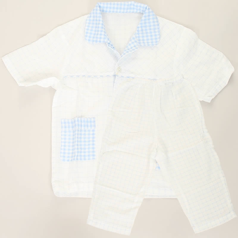 Home Time キッズ パジャマ 半袖 チェック サックス 襟付き ルームウェア 半袖上下セット 上下セット おうち時間 夏 ユーズド USED【部屋着 男女兼用 ウエストゴム キッズ 子供用 夏パジャマ らくちん かわいい ユーズド USED】