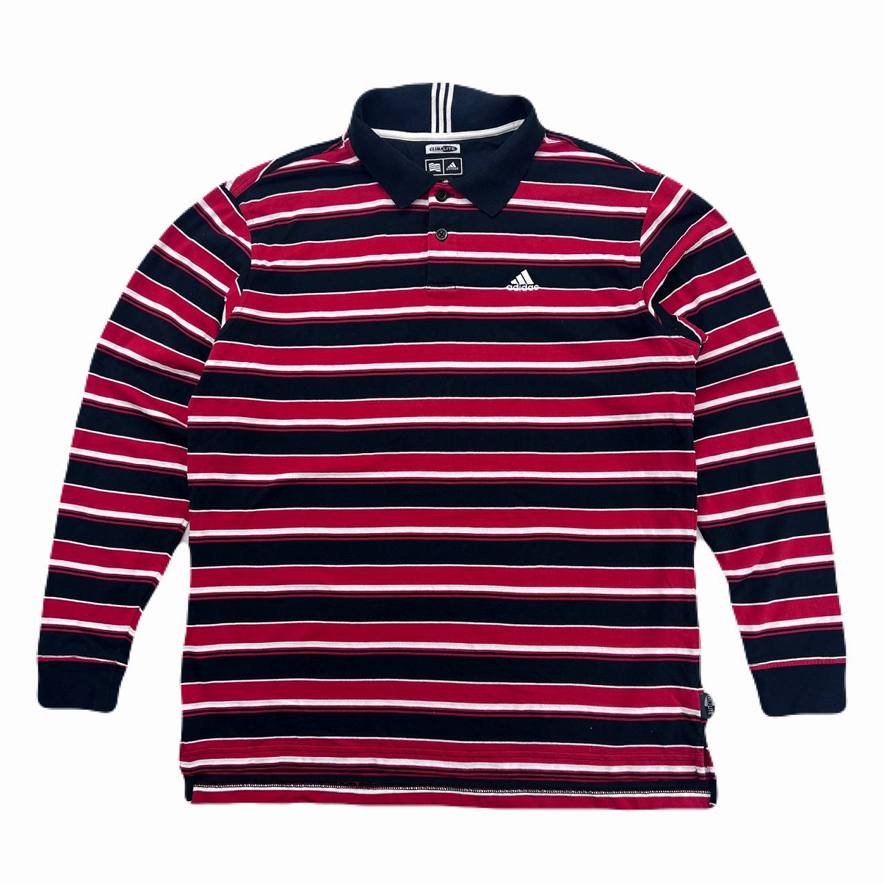 【中古】アディダス 長袖 ゴルフシャツ ポロシャツ ネイビー レッド ボーダー Lサイズ メンズ