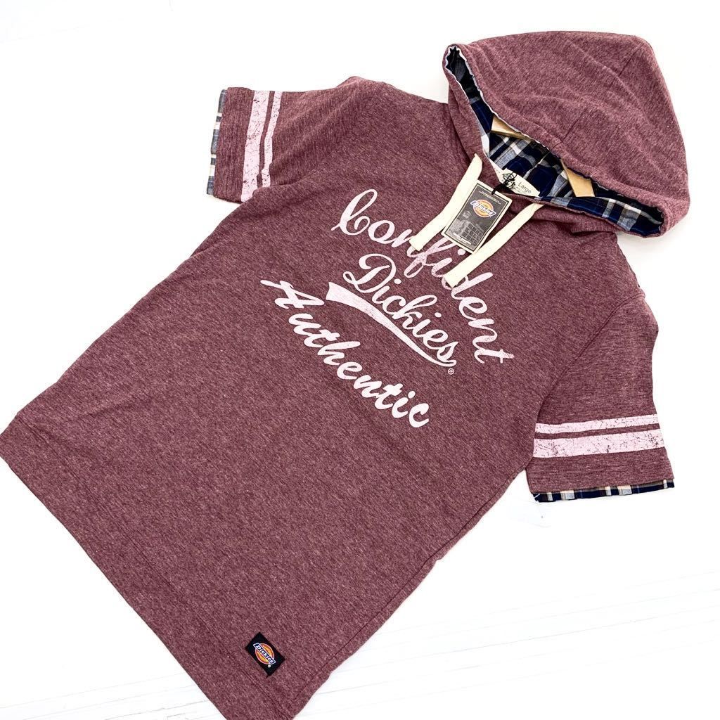 乐天商城 - 【中古】ディッキーズ DICKIES タグ付 フード付き 美品 半袖 シャツ 半袖パーカー Lサイズ ブラウン系 細身 総ロゴ オシャレな一枚♪■AJ115