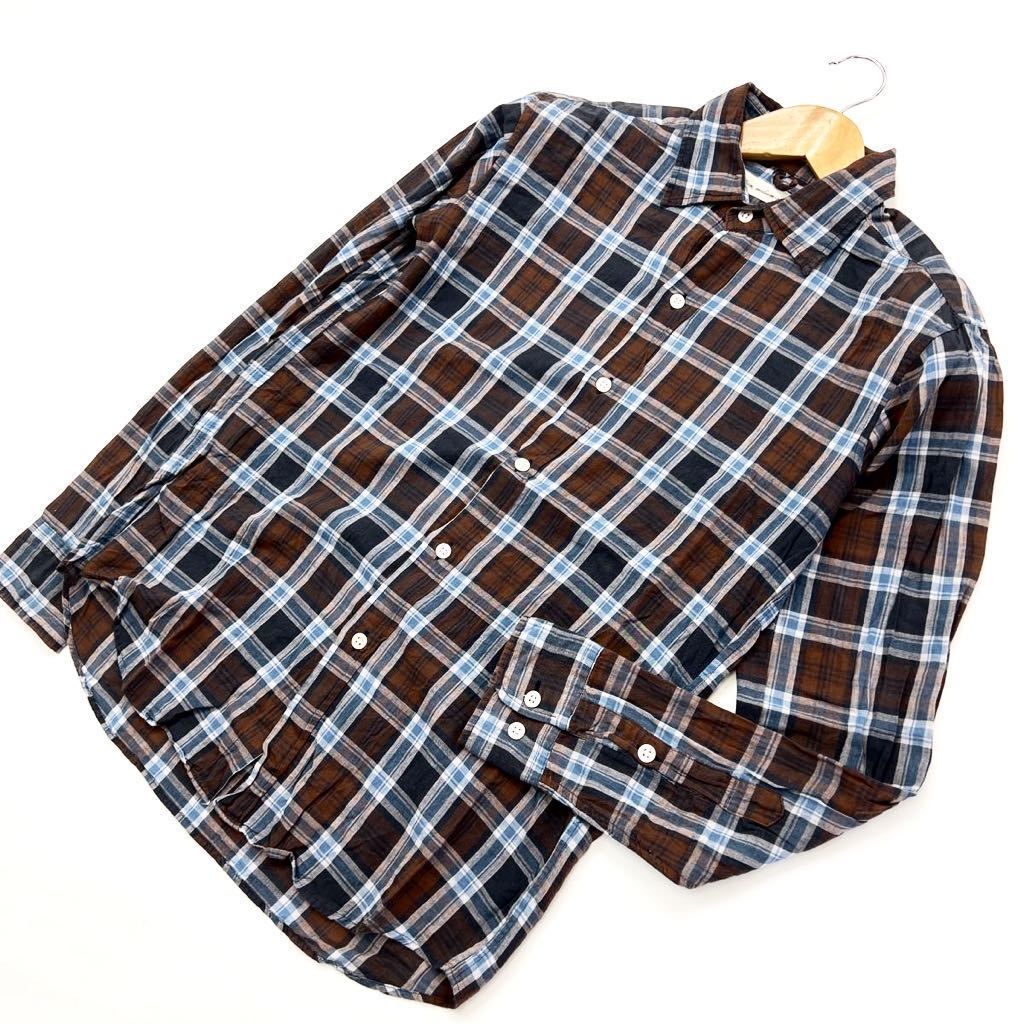 Rakuten - 【中古】日本製 ☆ エディション ☆ Edition 長袖 チェック シャツ ブラウン × ネイビー M 柔らか素材感◎ 大人な配色♪ キレイめカジュアル ■S576