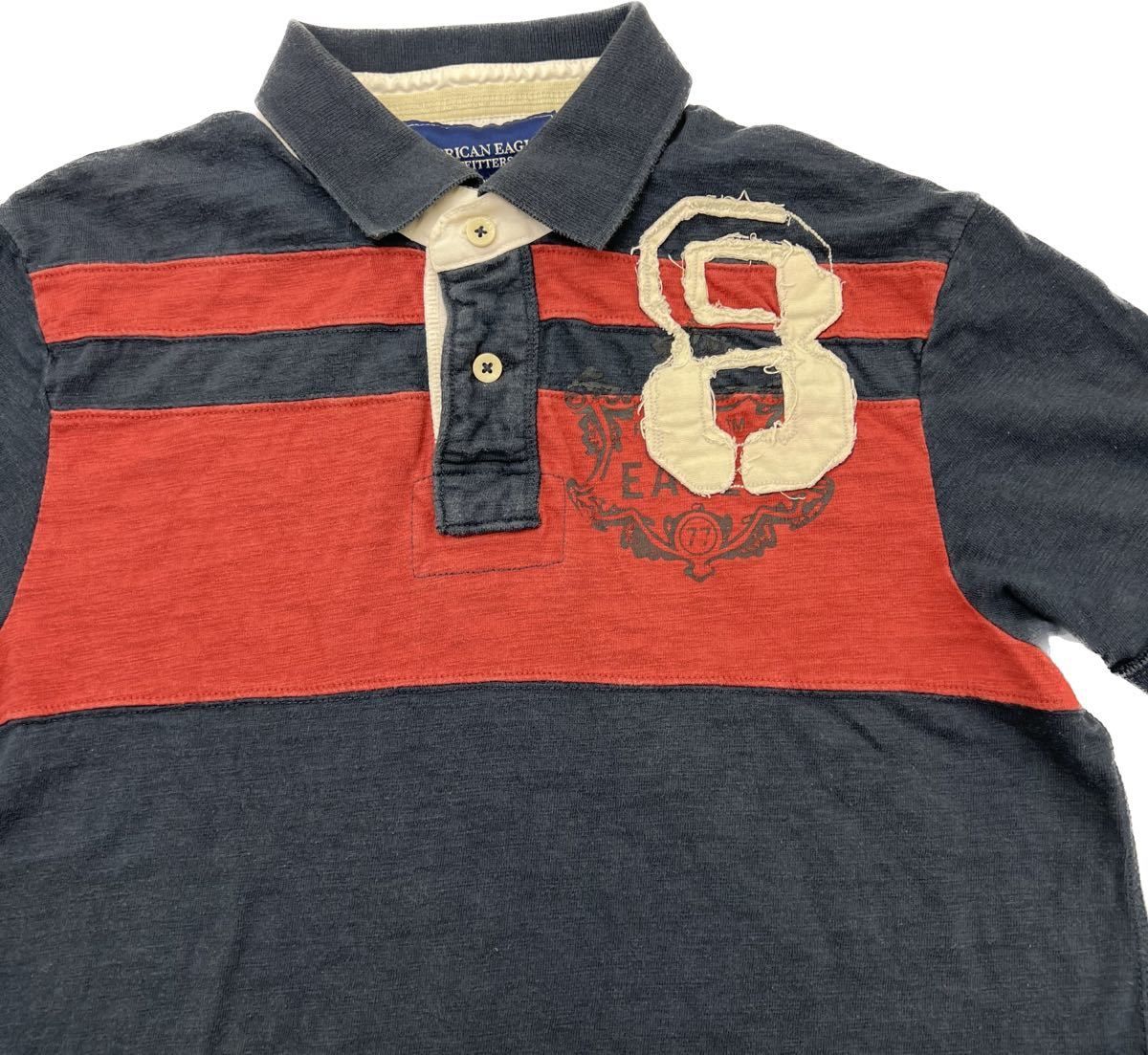 【中古】 American Eagle ☆ 渋い風合い◎ ポロシャツ ラガーシャツ M ネイビー レッド 春夏 アメカジ ストリート 人気 アメリカンイーグル■EC207